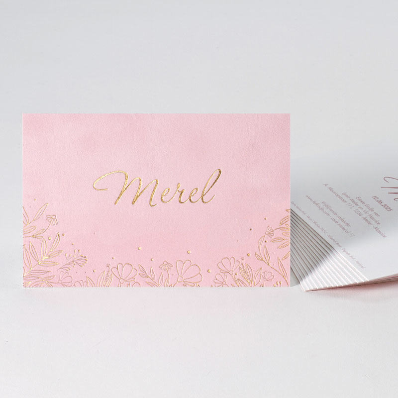 Product Romantisch geboortekaartje in lichtroze velvet papier