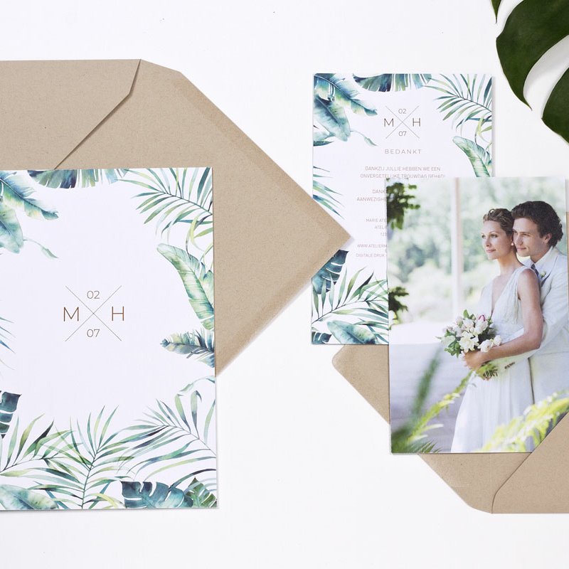 Foto bedankkaart voor huwelijk met planten en bronsfolie